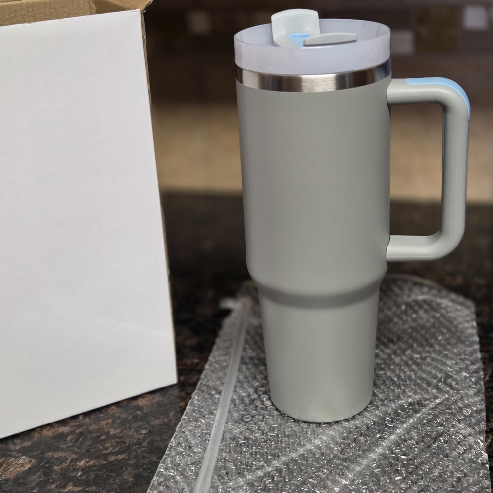 40 oz Insulated Tumbler with Handle & Straw – Gray with Blue accents